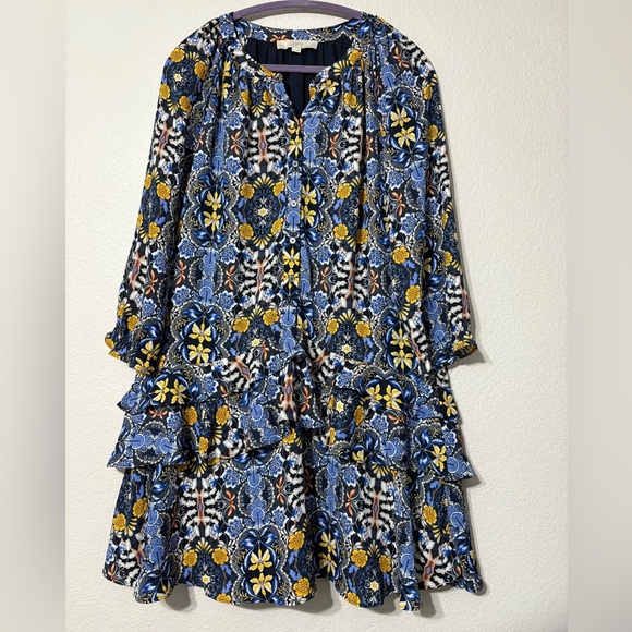 LOFT Long Sleeve Ruffled Drop Wsist Shift Dress. Navy with Yellow Floral Print - Picture 3 of 14